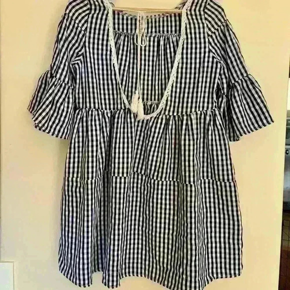 No brand | Gingham mid length sleeve dress with tassels & lace size o/s - Picture 2 of 3
